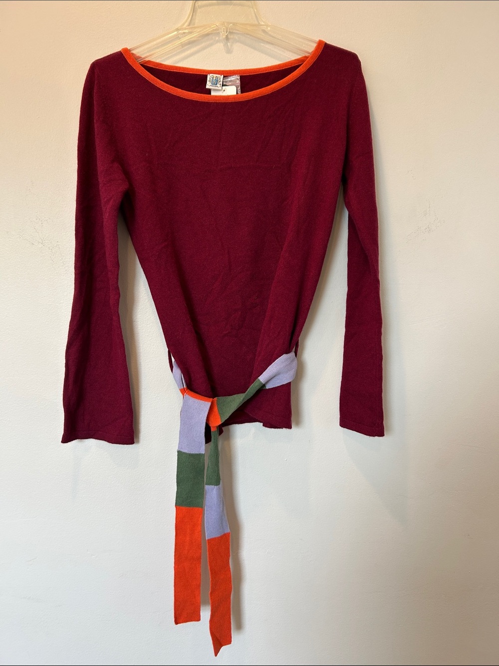 Portolano Cashmere Burgundy Long-Sleeve Top with Orange Trim